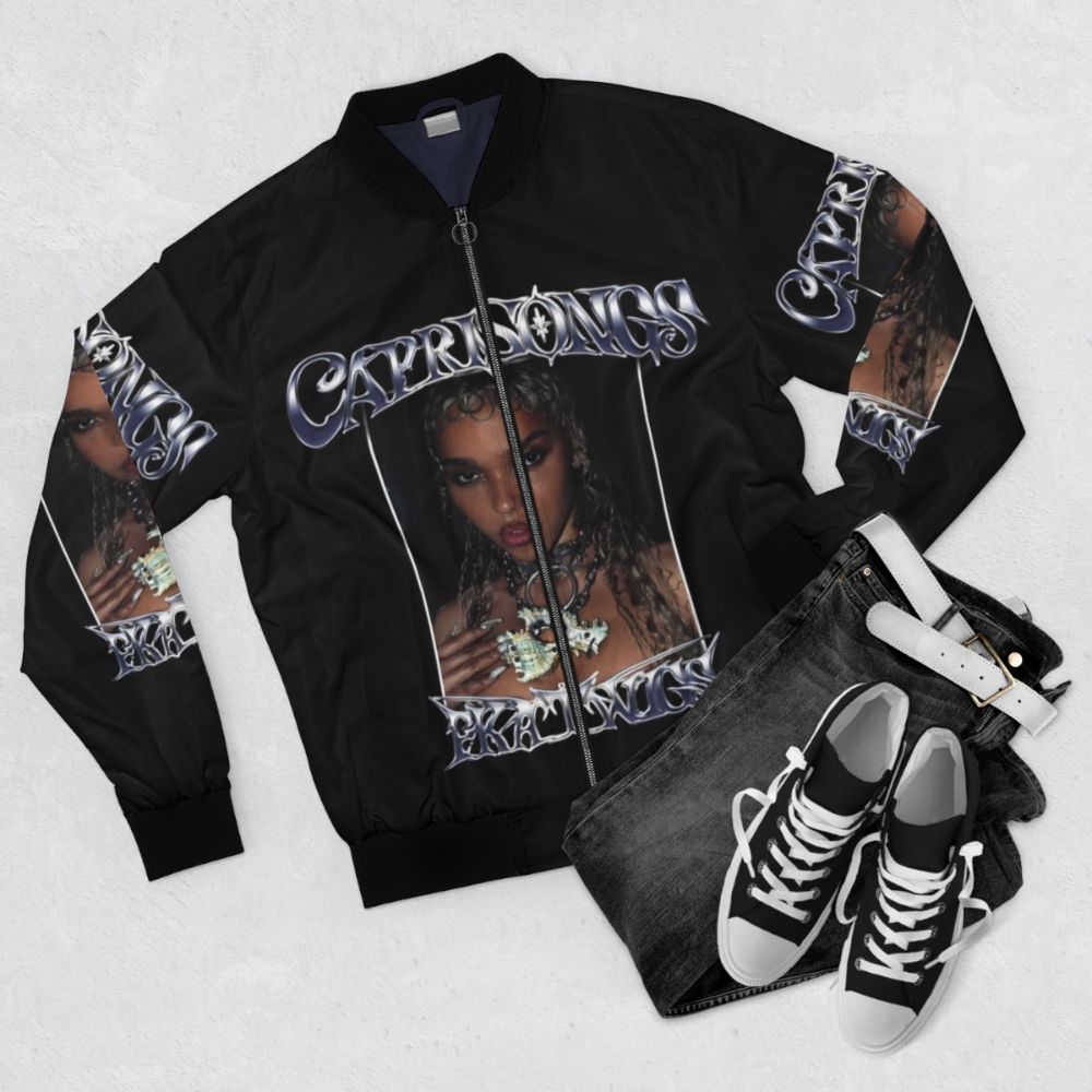 FKA Twigs CAPRISONGS Metallic Bomber Jacket, featuring a vintage 90s style design - Flat lay