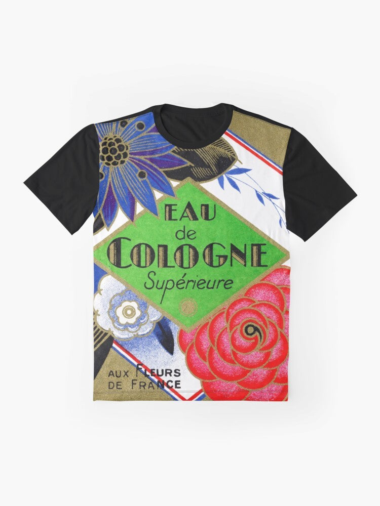 Vintage French perfume label graphic on a t-shirt - Flat lay