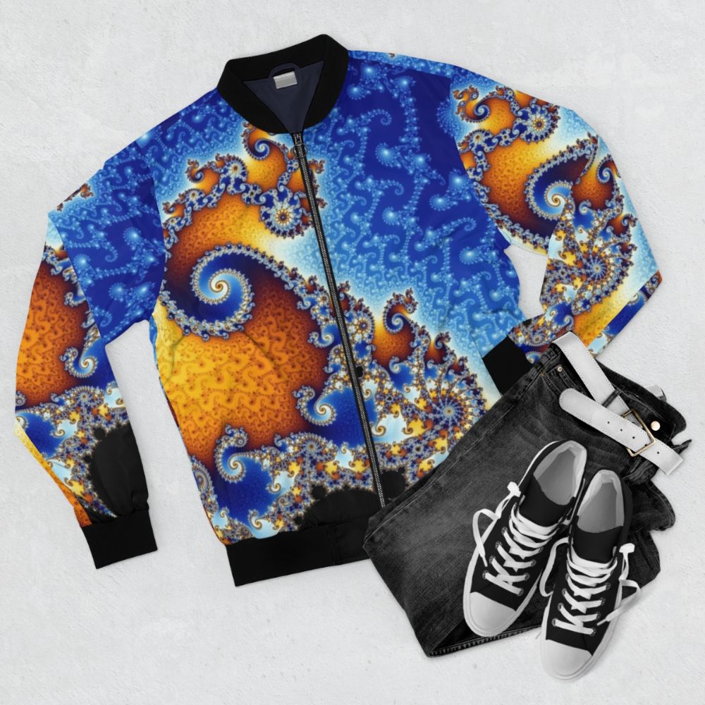 Mandelbrot Set Bomber Jacket featuring a beautiful fractal design - Flat lay