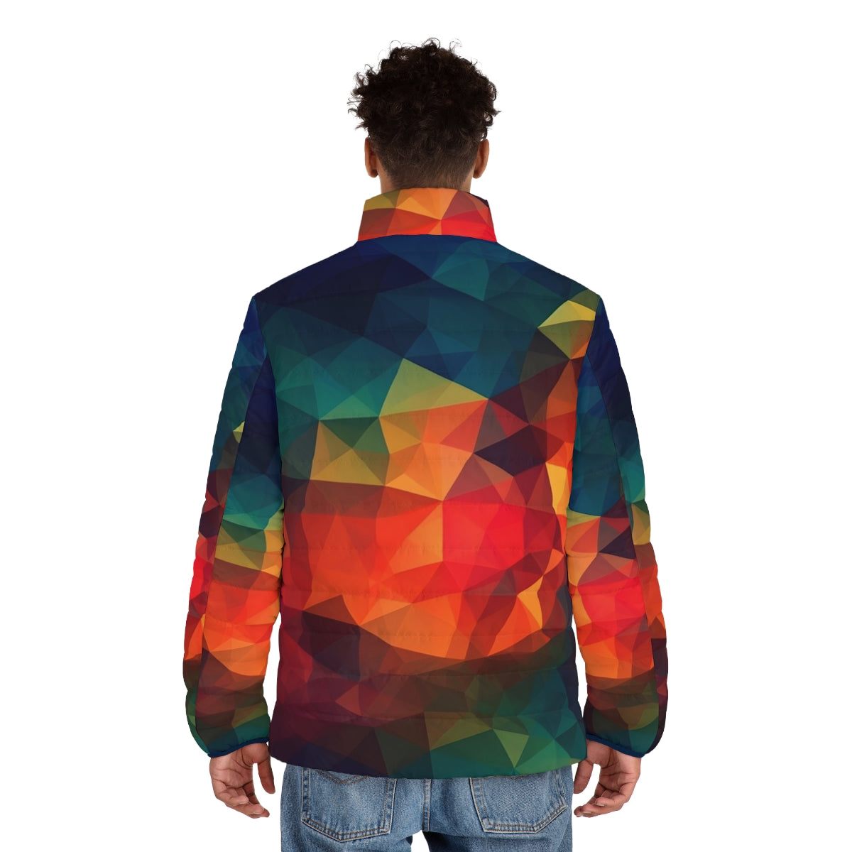 Polygon Prism Puffer Jacket with vibrant geometric patterns and realistic color depictions - men back