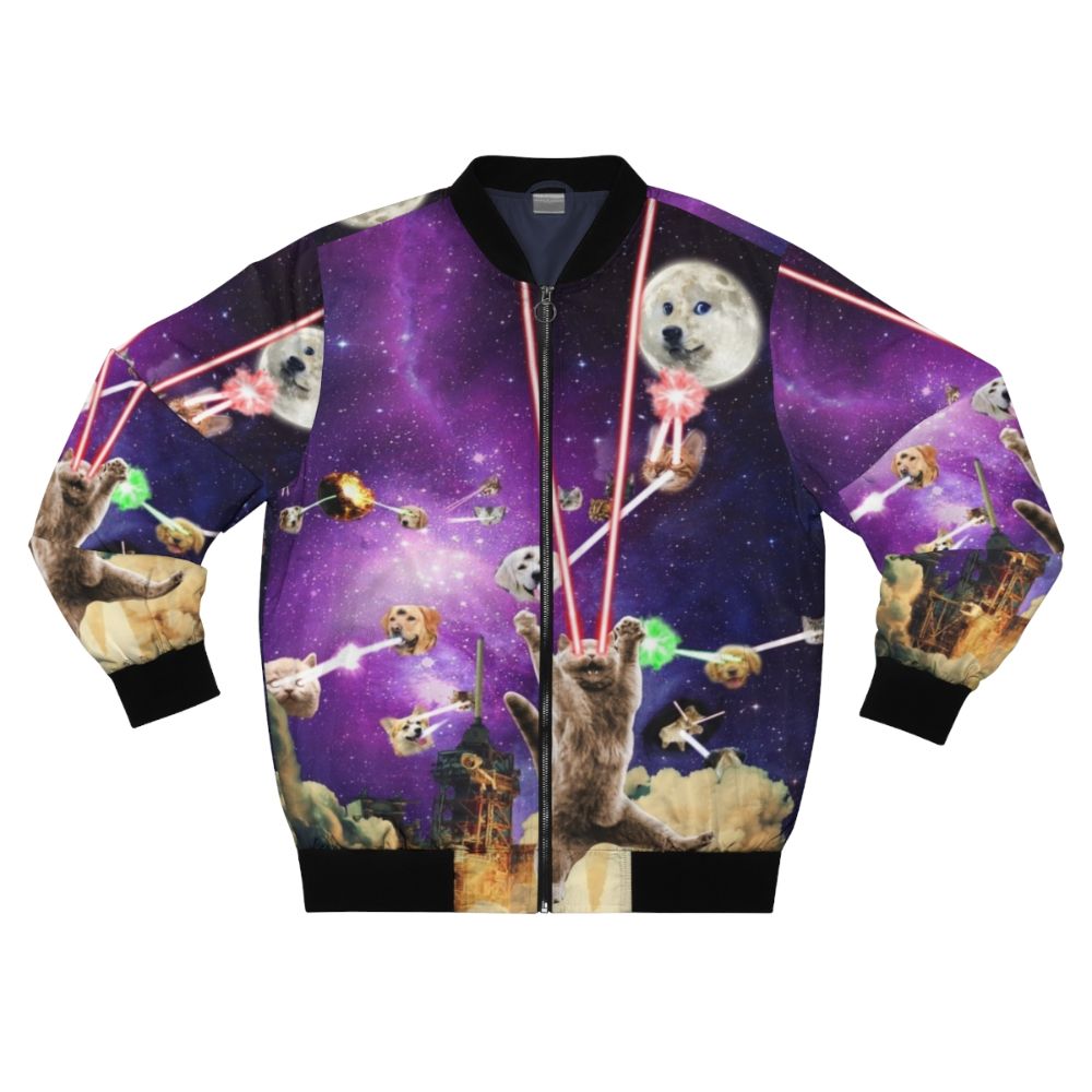 A bomber jacket featuring cats with laser eyes in a space-themed design