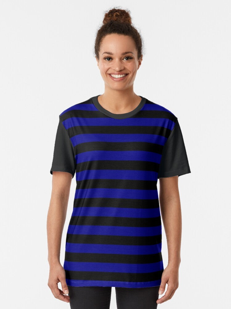 Royal blue and black horizontal striped graphic t-shirt - Women