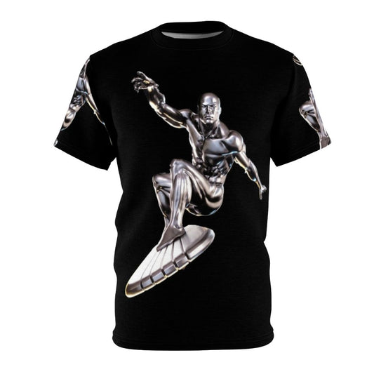 Cosmic-themed all-over-print t-shirt featuring the iconic Silver Surfer character from the Fantastic Four universe