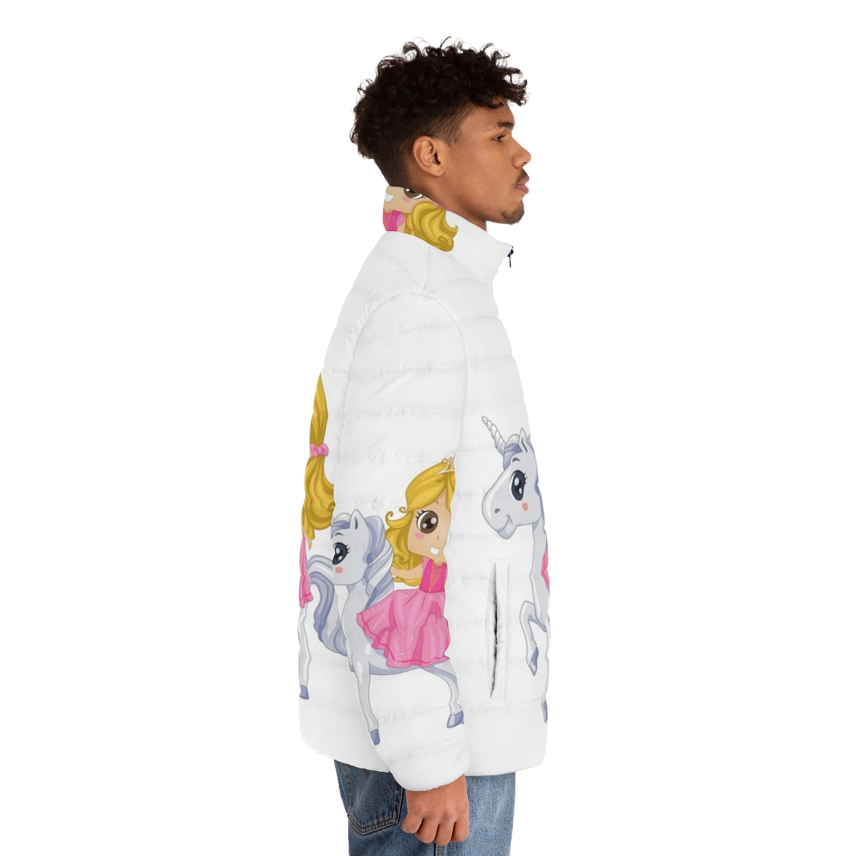 Legendary animals puffer jacket featuring a mystic dragon, unicorn, and lightning falcon - men side right