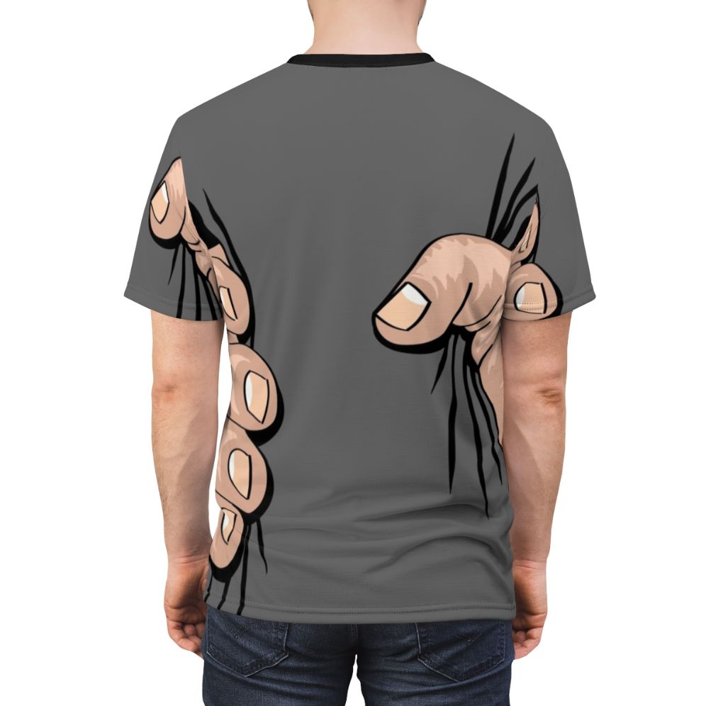 Oversized hand squeezing graphic design on a t-shirt - men back