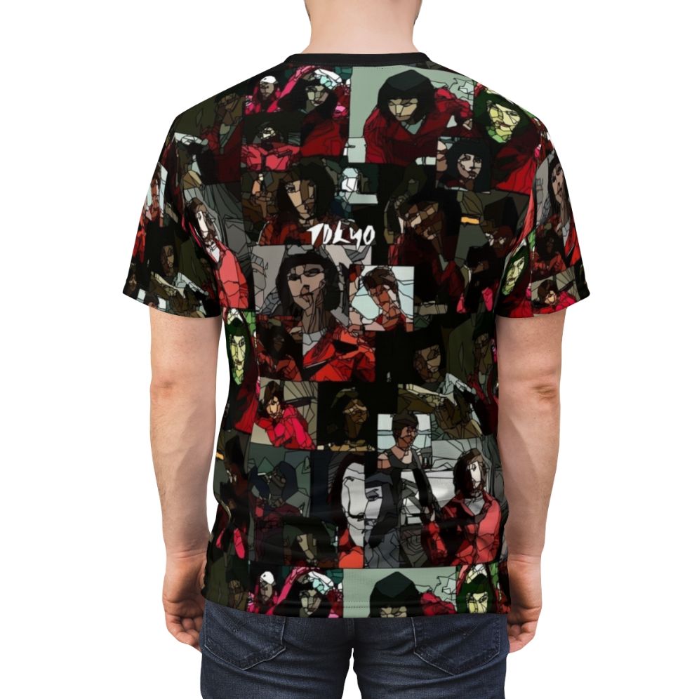 Money Heist Inspired Fan Art T-Shirt featuring Tokyo, Bella Ciao, and the Professor - men back