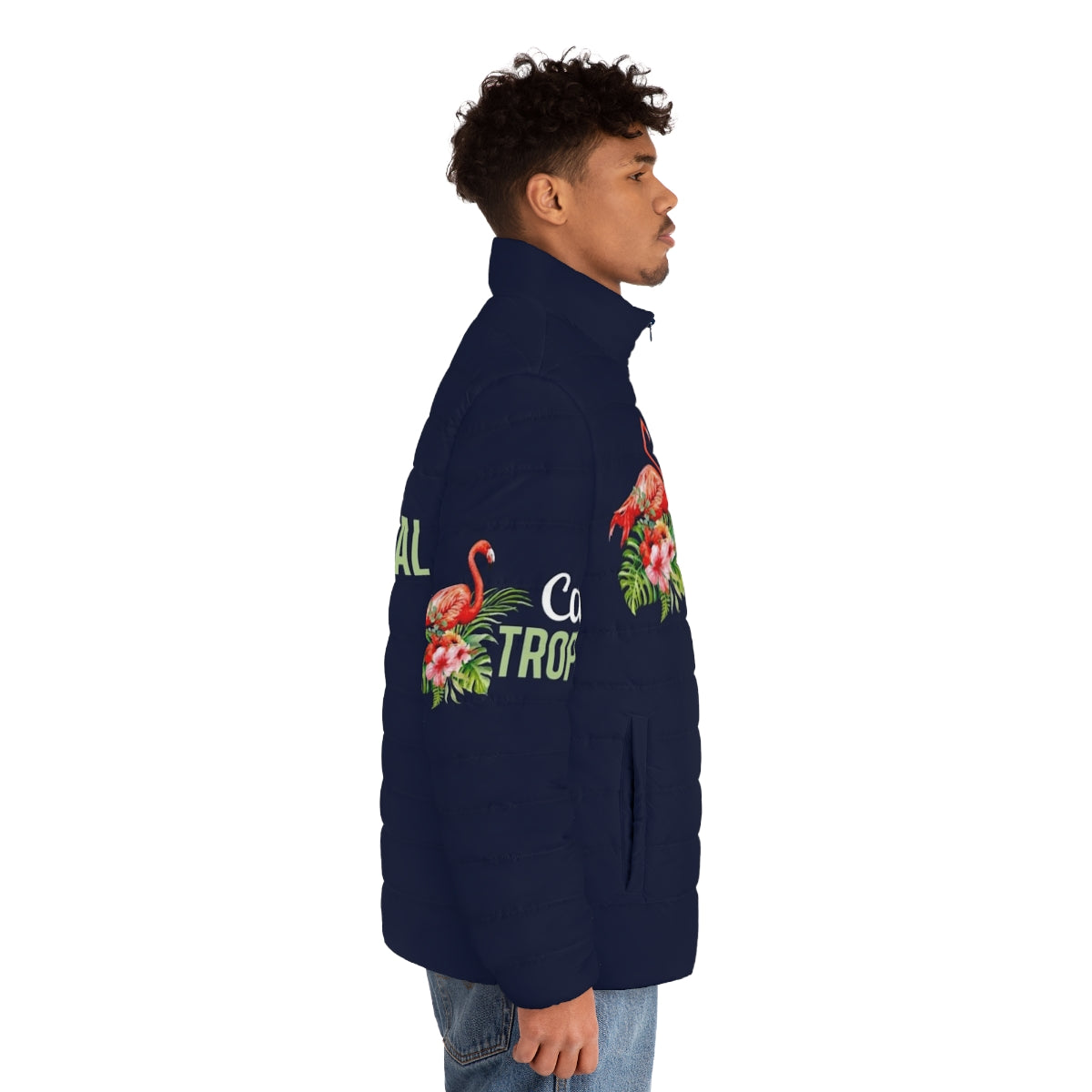 Cafe Tropical Schitts Creek Puffer Jacket with Flamingo Design - men side right