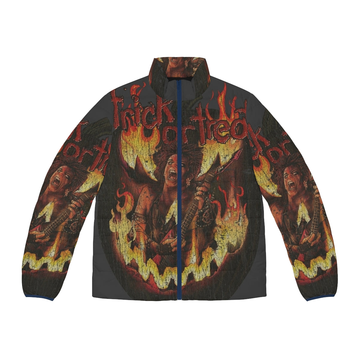 Trick Or Treat 1986 Puffer Jacket featuring horror and heavy metal inspired graphics