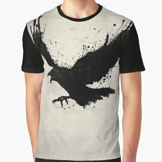 Raven graphic t-shirt with a sketch-style design featuring the mythical bird