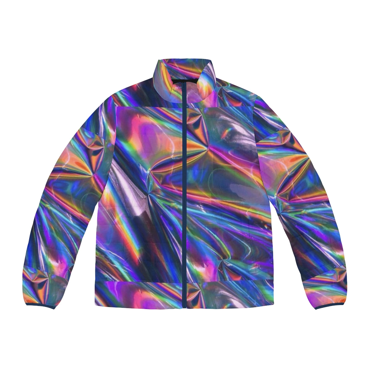 Holographic puffer jacket with shimmery, iridescent texture