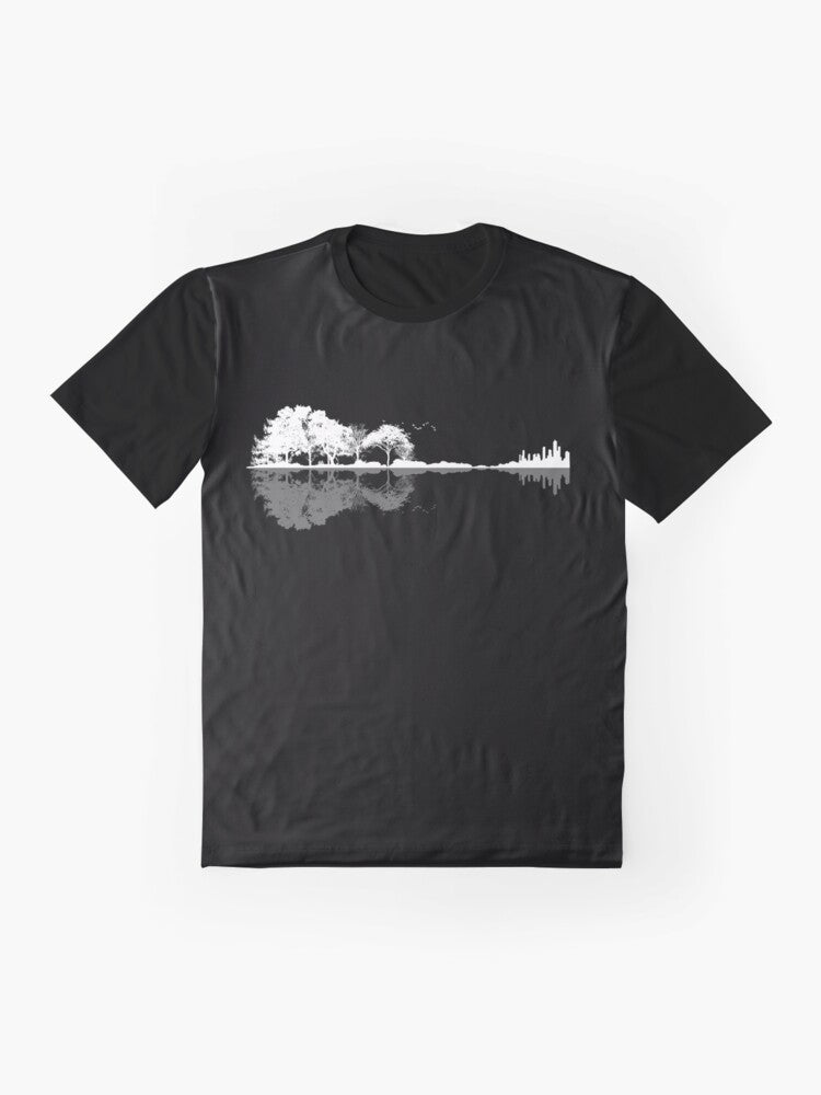 Minimalist landscape design featuring a nature-inspired guitar silhouette on a t-shirt - Flat lay