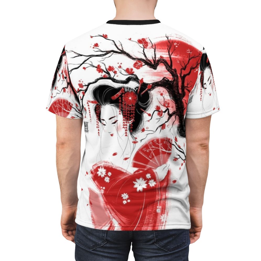 Red and white geisha girl sketch design on a t-shirt - men back