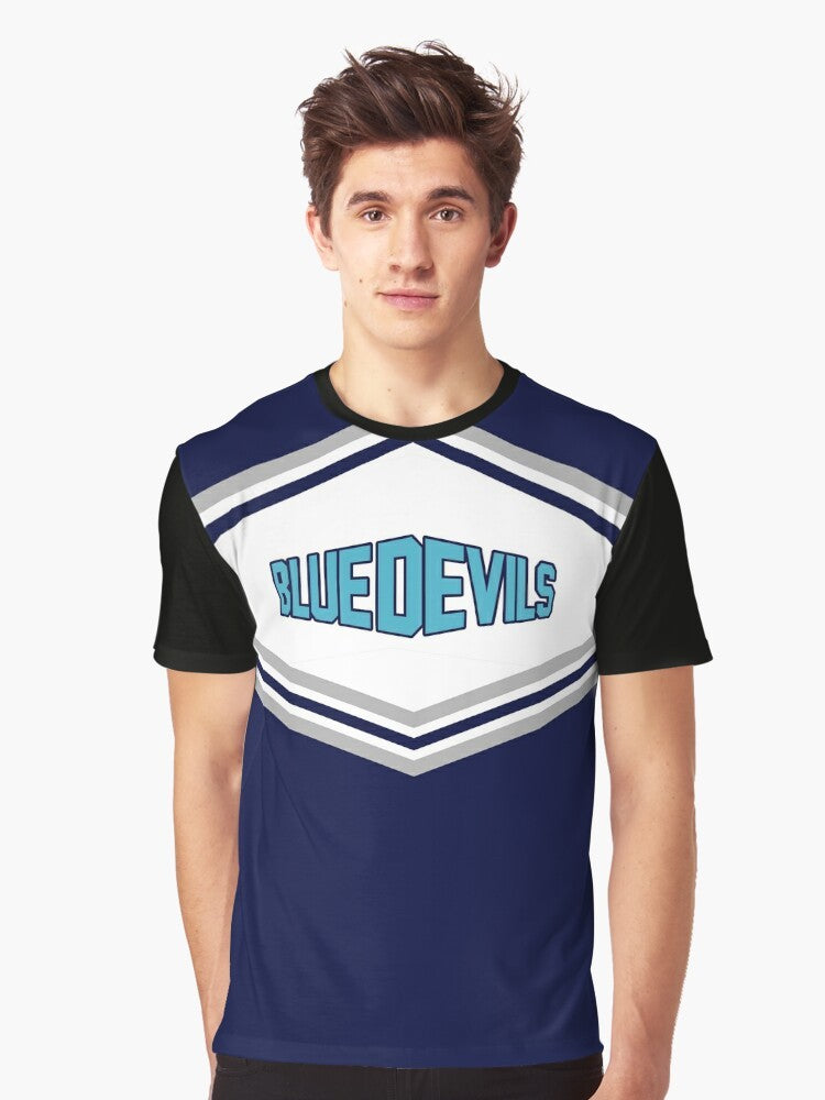 Wynonna Earp "Blue Devils" Graphic T-Shirt featuring Waverly Earp in a cheerleading outfit - Men