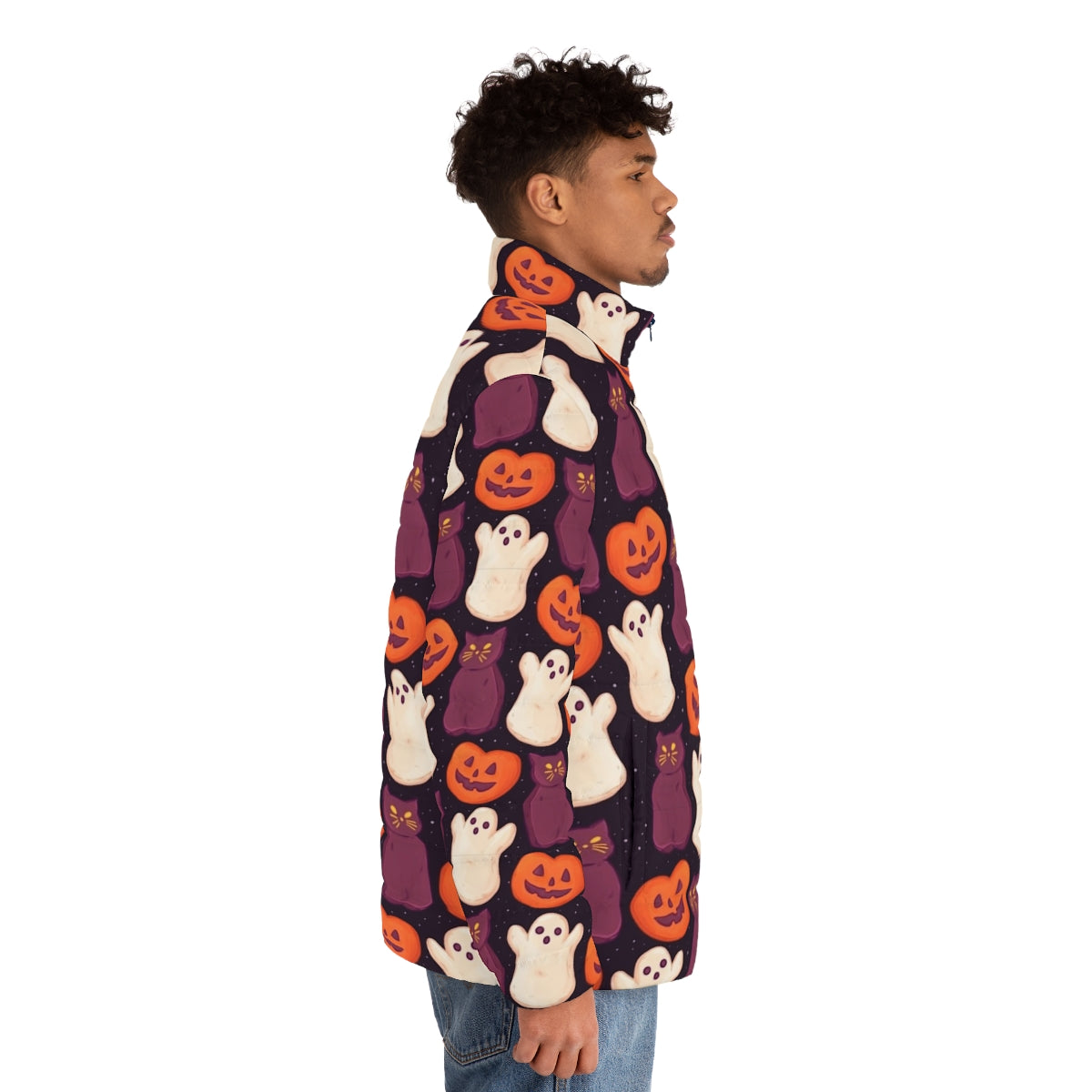 Dark puffer jacket with spooky cute Halloween marshmallow print - men side right