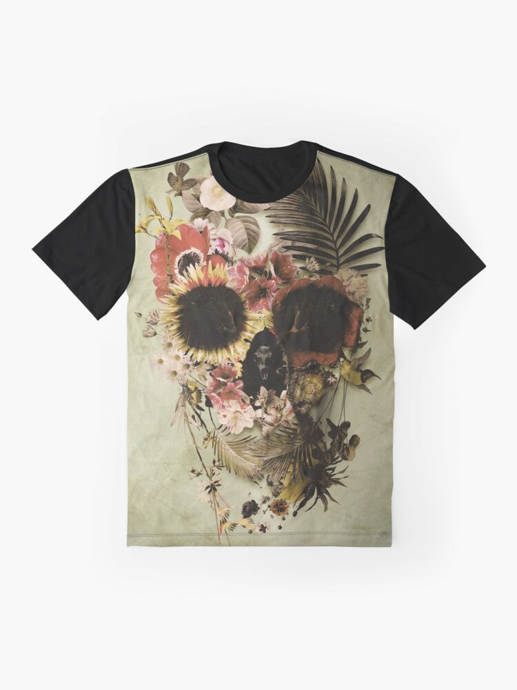 A graphic t-shirt featuring a floral skull design with a garden-inspired aesthetic. - Flat lay