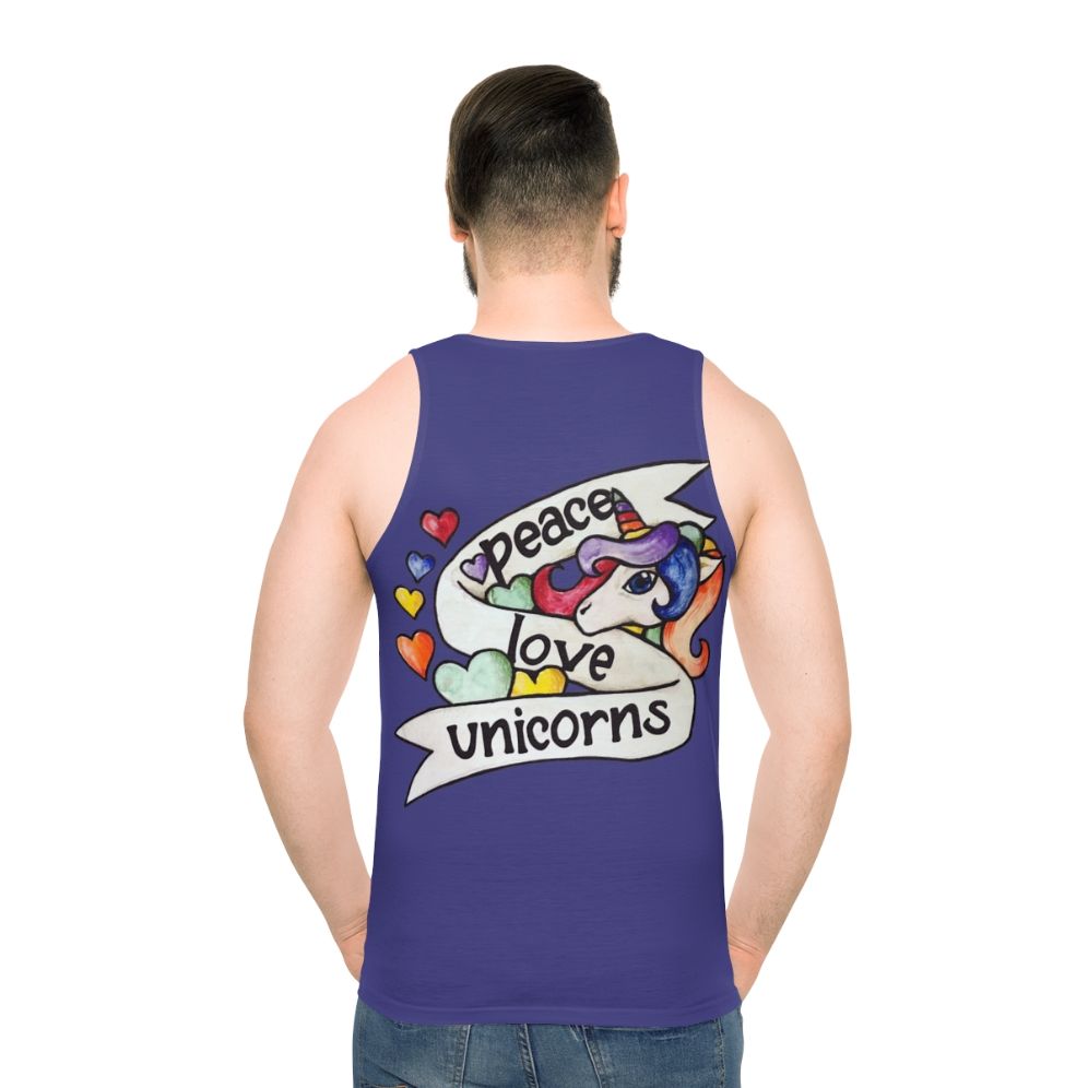 Unisex peace love unicorns tank top with retro rainbow design - men back