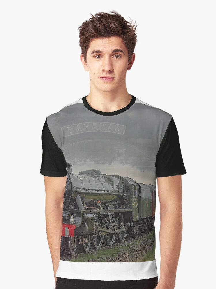 Vintage-inspired graphic tee featuring a steam train from the Bahamas railway - Men