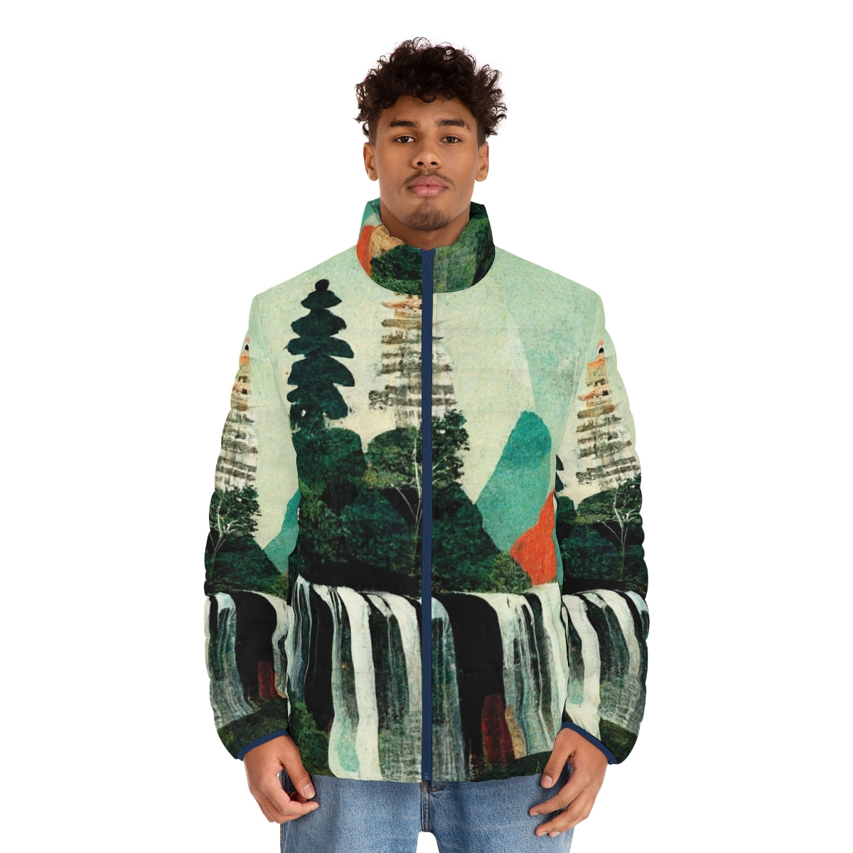 Waterfall artwork puffer jacket with a collage of beautiful waterfalls and nature scenery - men front