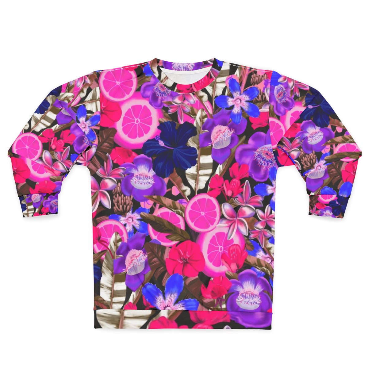 Blue sweatshirt with a colorful botanical and floral pattern