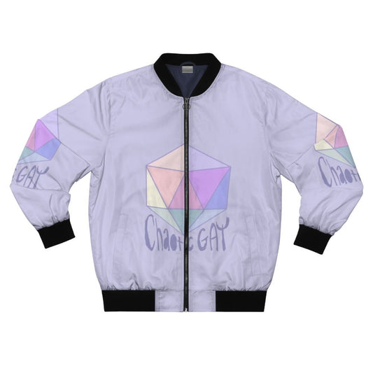 Chaotic gay themed bomber jacket with pastel colors and dice graphics