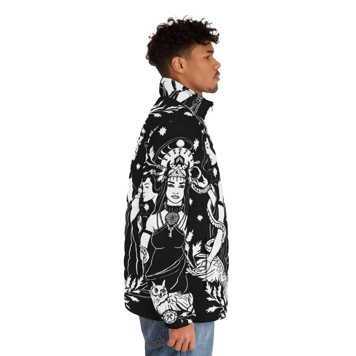 Hekate Triple Goddess puffer jacket featuring a bold and mystical design - men side right