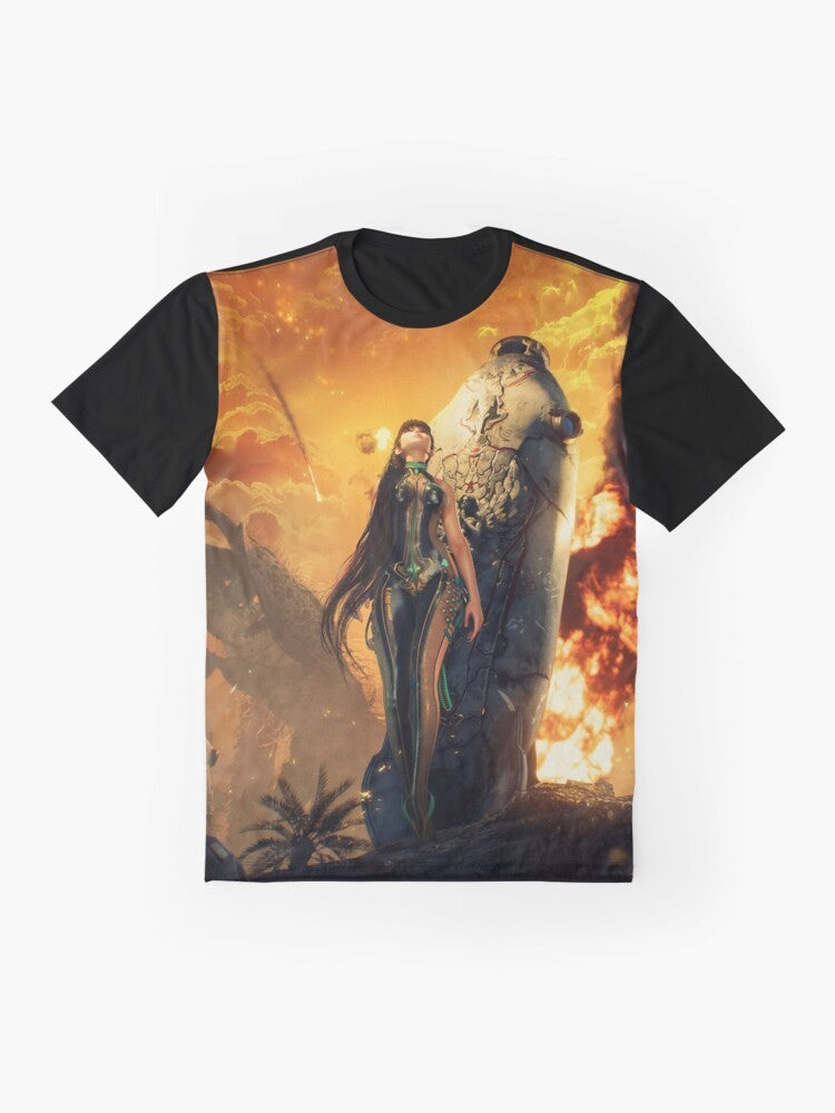 Stellar Blade video game character graphic t-shirt design - Flat lay