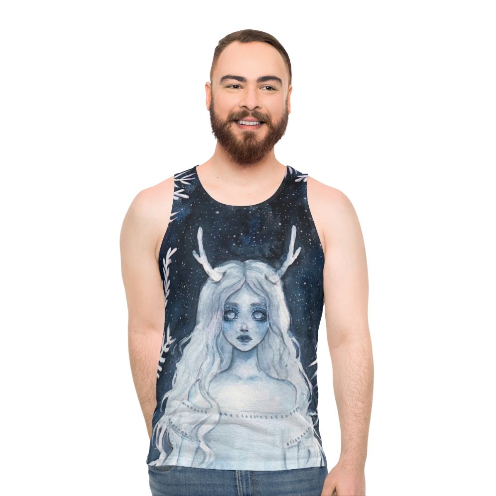 Unisex watercolor fantasy tank top with deer and starry night design - men