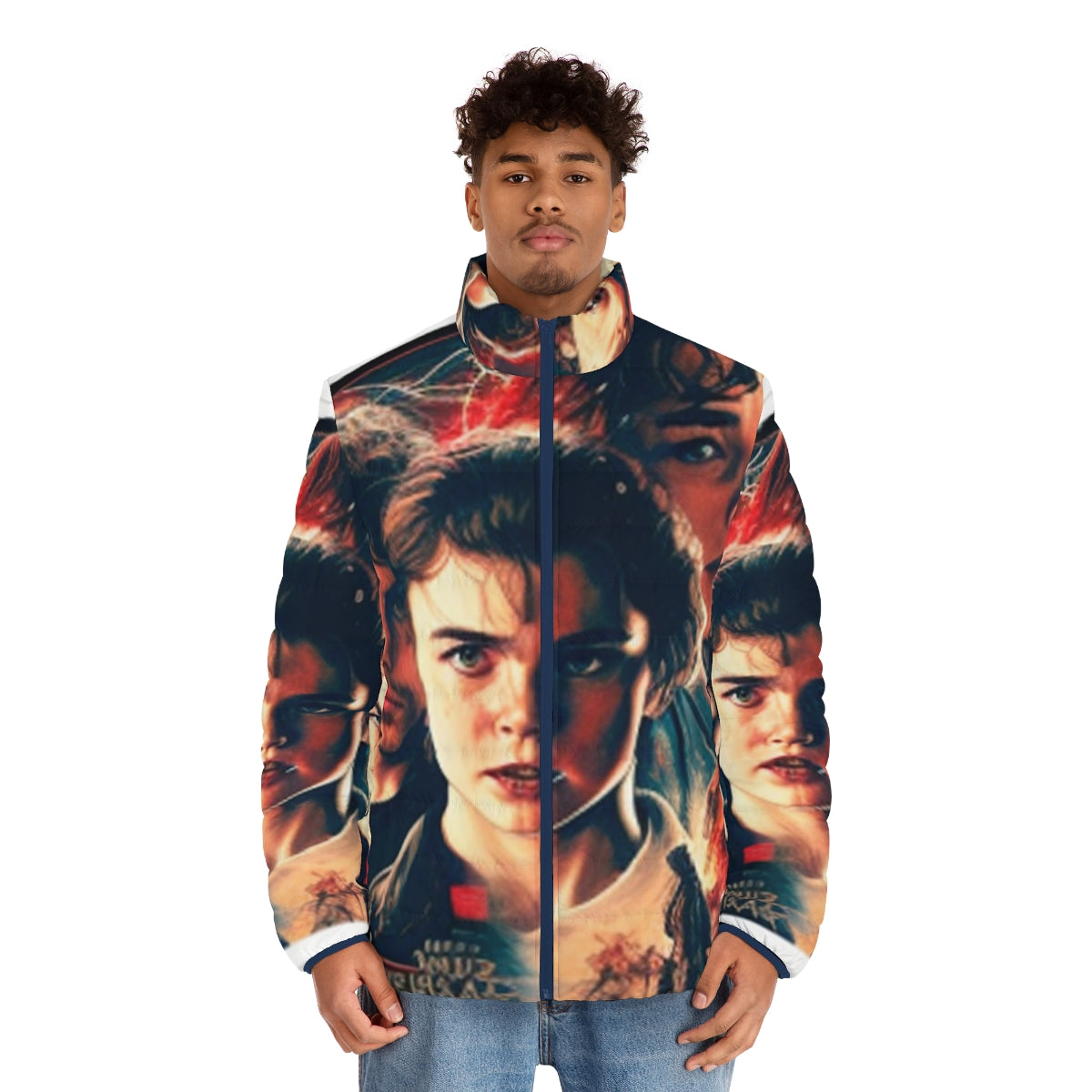 Stranger Things inspired retro puffer jacket with 80s sci-fi design - men front