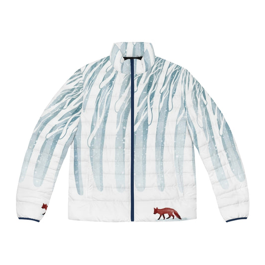 Winter storm puffer jacket with forest and snow scene