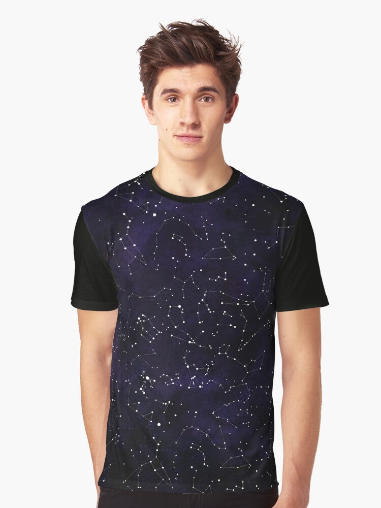 A graphic t-shirt featuring the constellations of the northern hemisphere against a starry night sky background. - Men