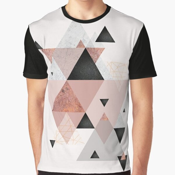 Geometric Scandinavian design graphic t-shirt in blush pink and rose gold tones