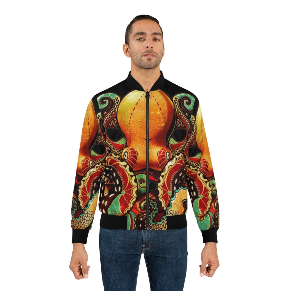 Octopus-themed bomber jacket with abstract, tribal, and tentacle design - Lifestyle