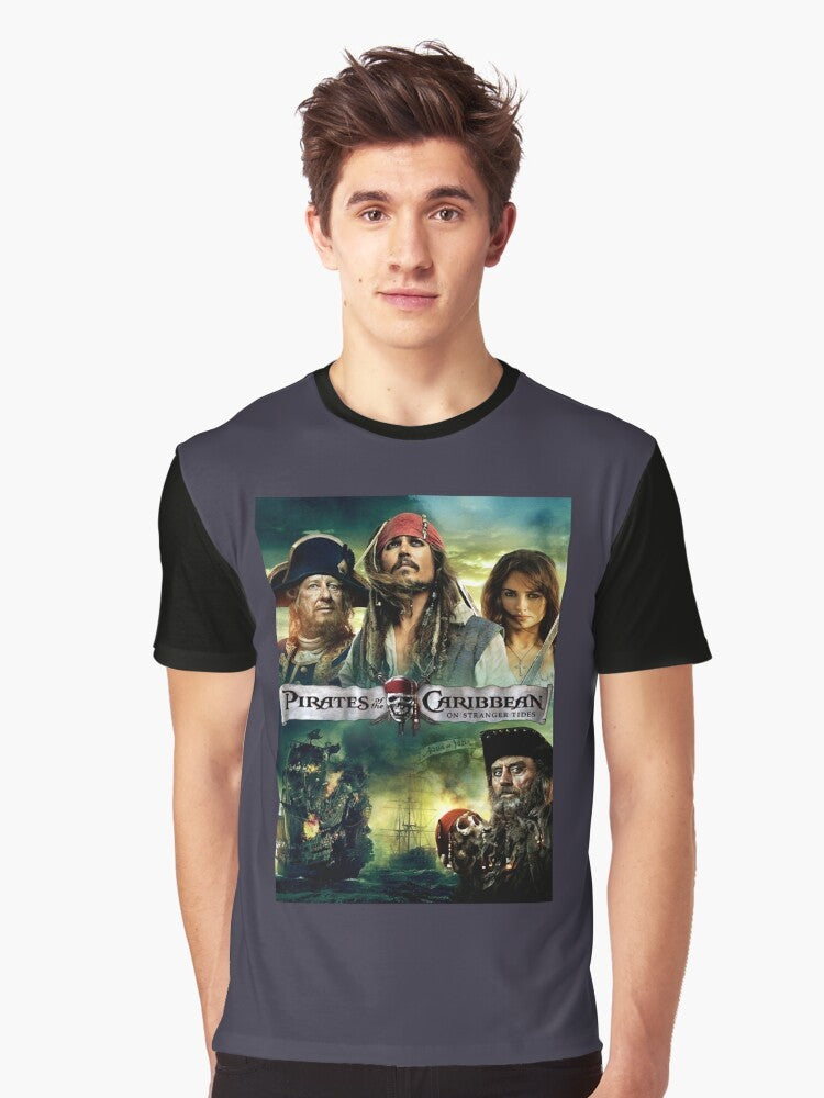 Funny graphic t-shirt featuring a Pirates of the Caribbean pirate flag design for music fans. - Men