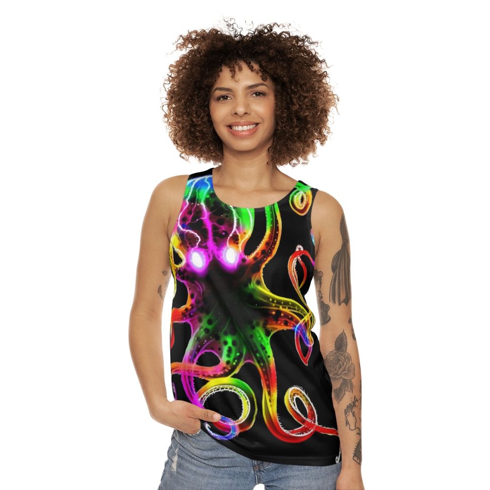 Unisex tank top with a glowing rainbow octopus design - women