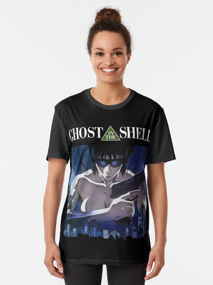 Ghost in the Shell anime-inspired graphic t-shirt featuring Motoko Kusanagi, the cyberpunk heroine. - Women