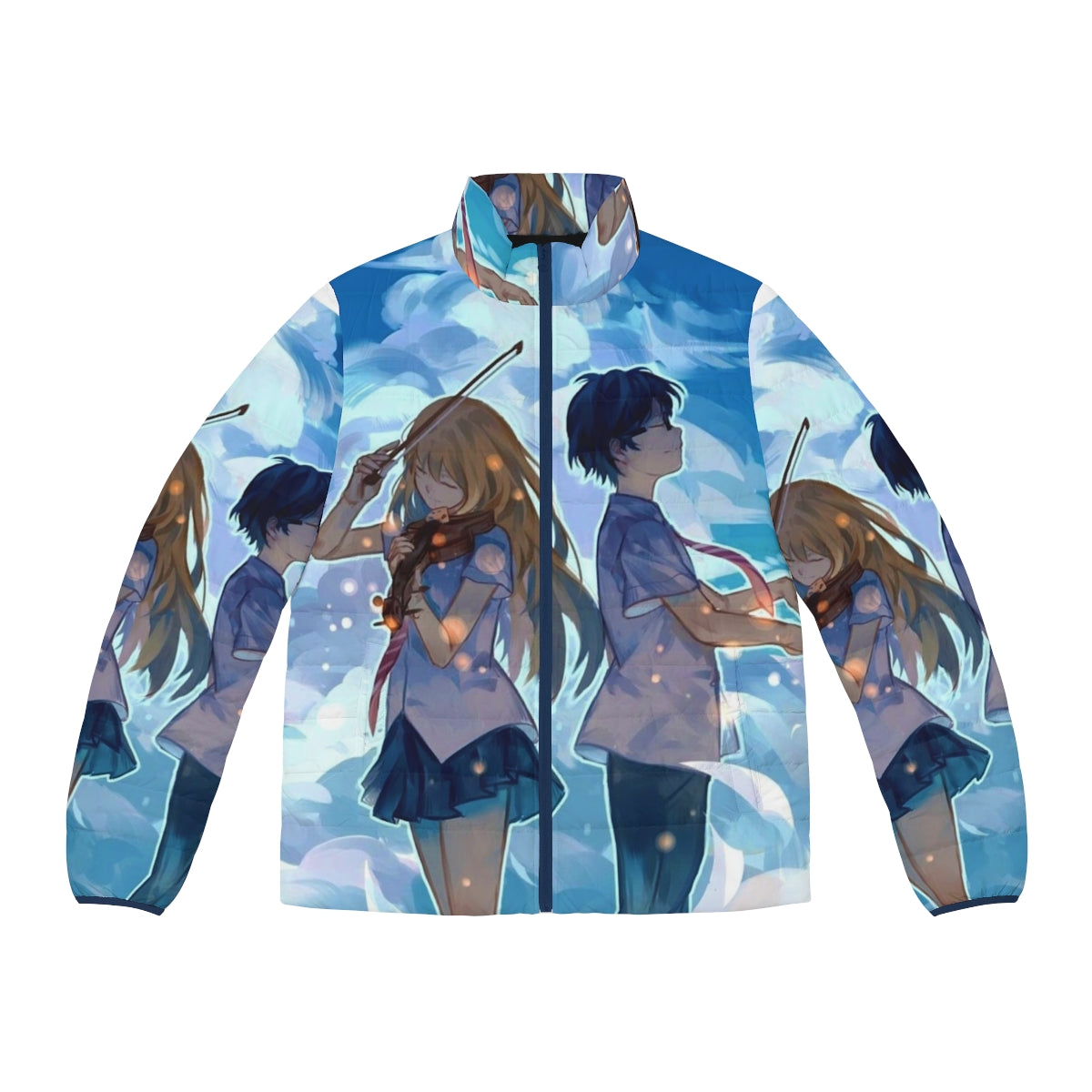 Your Lie in April inspired puffer jacket with anime characters Kousei and Kaori