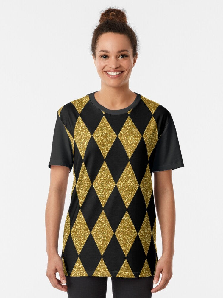 Model wearing a black and gold harlequin graphic t-shirt with a diamond pattern design - Women