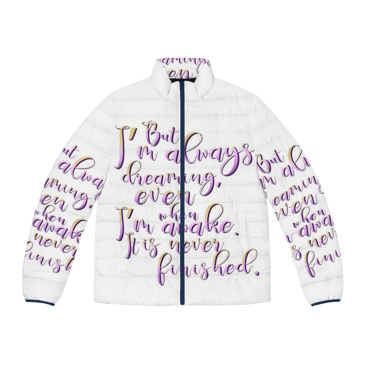 The Last Unicorn Quote Puffer Jacket featuring a whimsical unicorn design