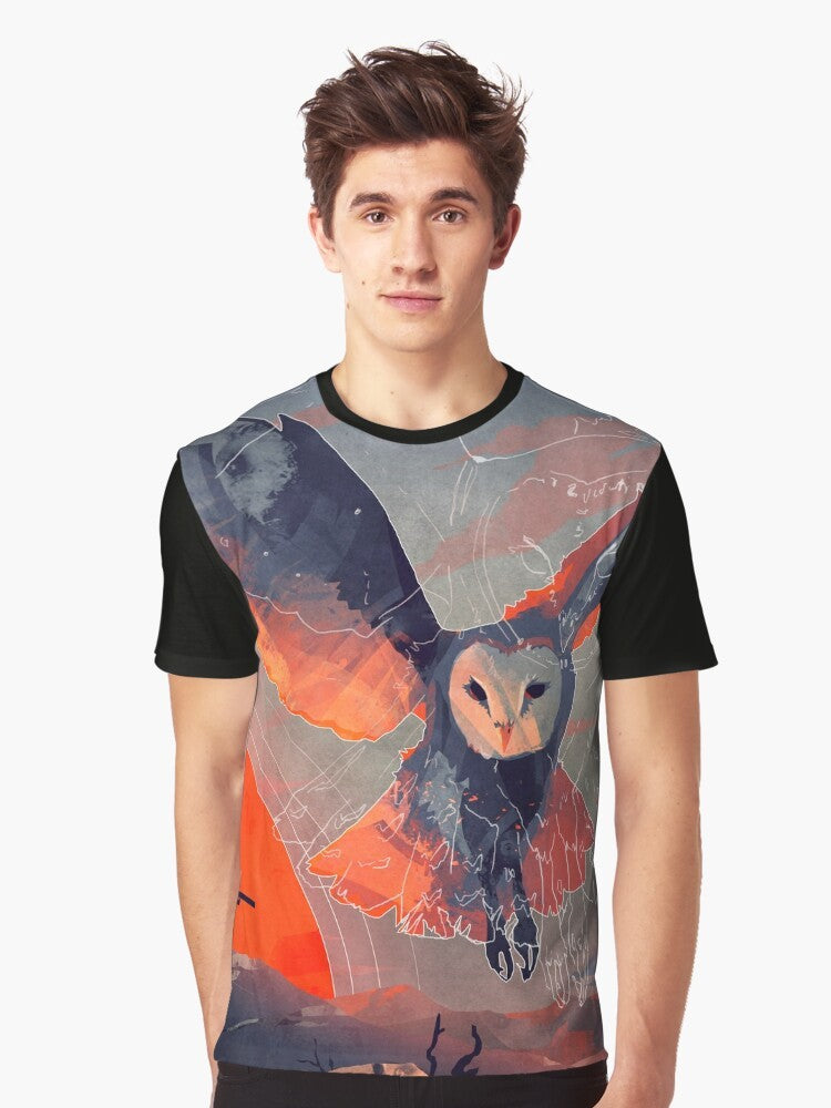 Stylized graphic t-shirt design featuring an owl hunter in a natural landscape. - Men