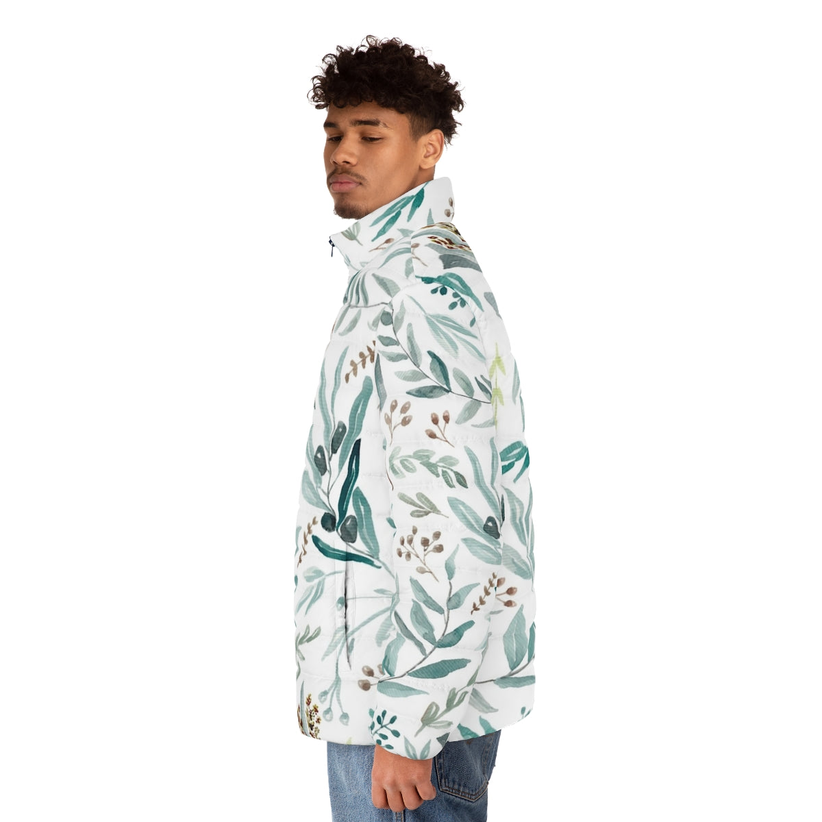 A green puffer jacket with a botanical eucalyptus leaves pattern, perfect for spring fashion. - men side left