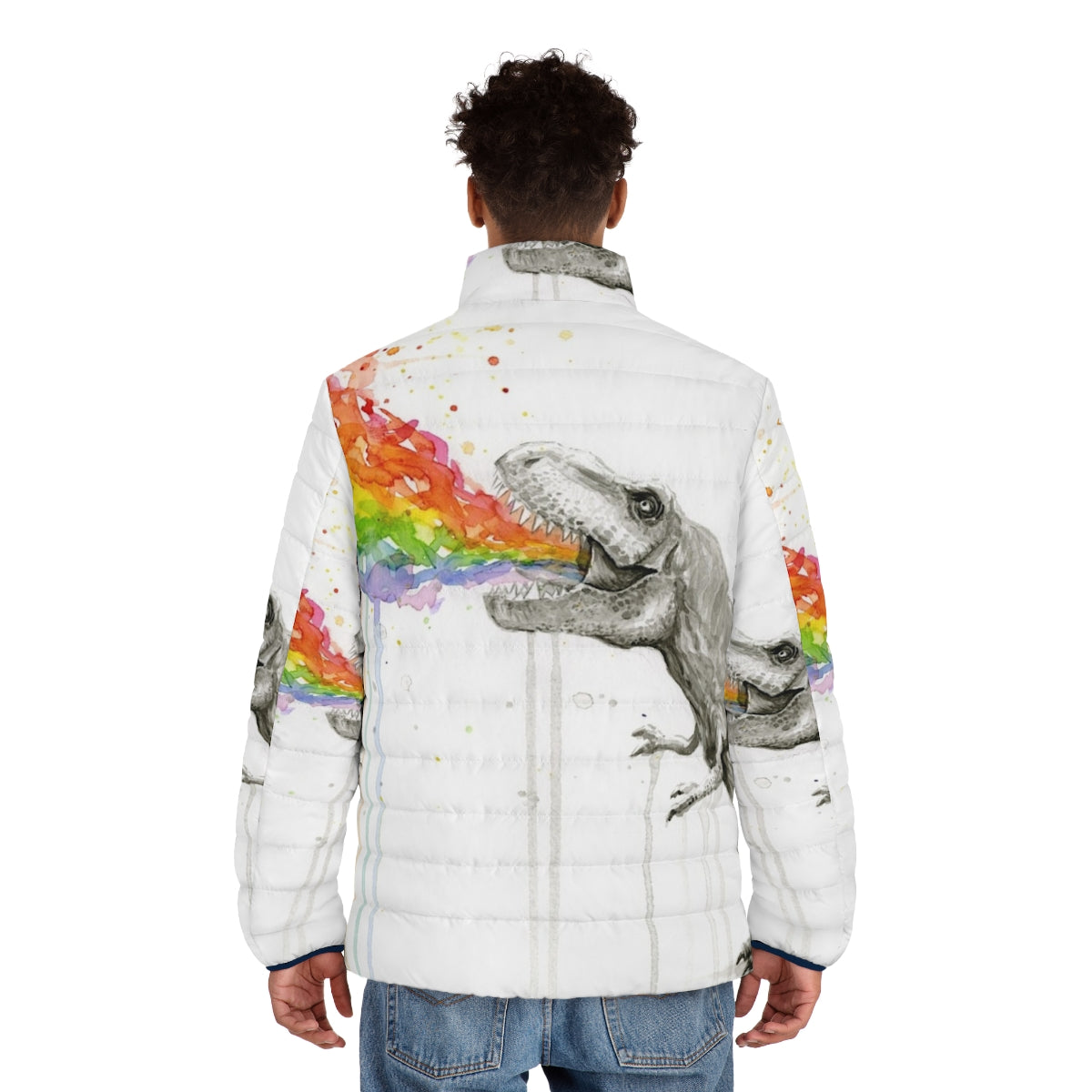 Colorful puffer jacket featuring a whimsical T-Rex dinosaur in a rainbow watercolor design - men back