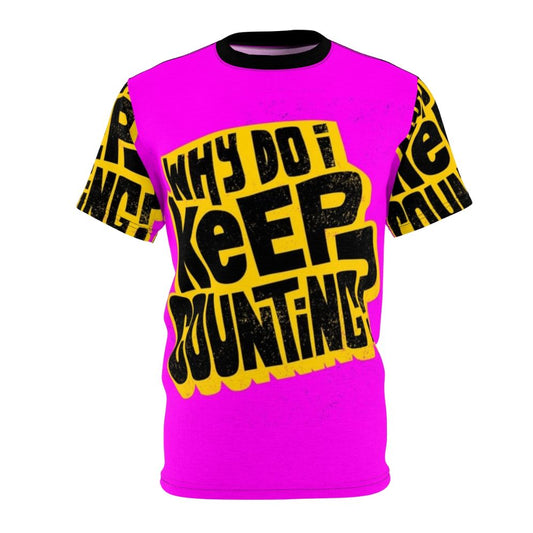 Motivational t-shirt with abstract numeric design in pink, yellow, and black