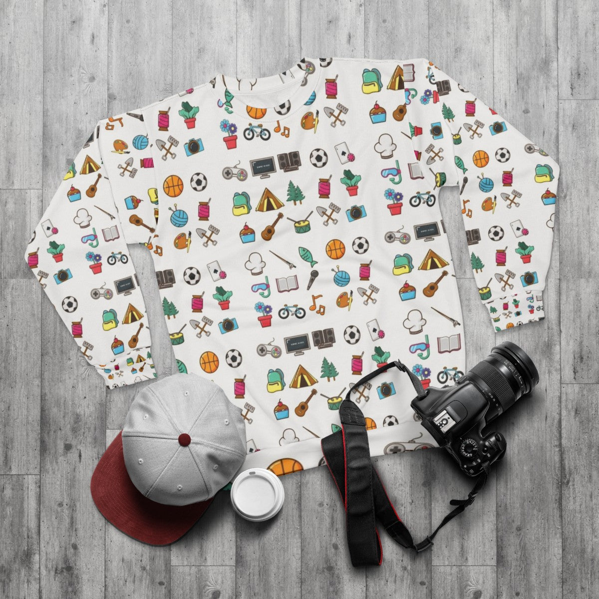 Hobbies Sticker Pack Sweatshirt featuring various hobby icons - flat lay