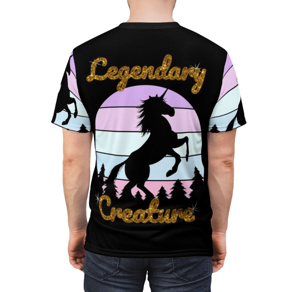 A vibrant, artistic t-shirt design featuring a majestic white unicorn with a rainbow horn, set against a lush, enchanted forest background. - men back