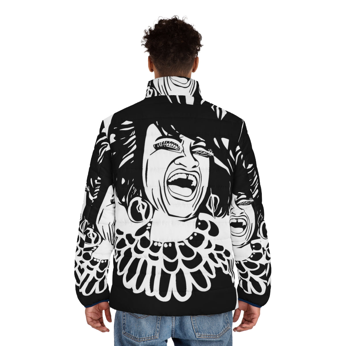 Celia Cruz Puffer Jacket featuring a black and white screenprint portrait of the iconic Cuban singer - men back