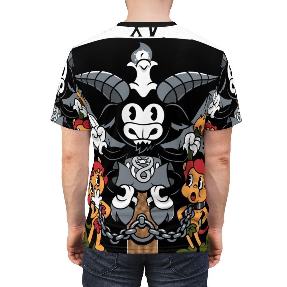 Haunting image of the tarot devil card and Baphomet symbol on a t-shirt design - men back