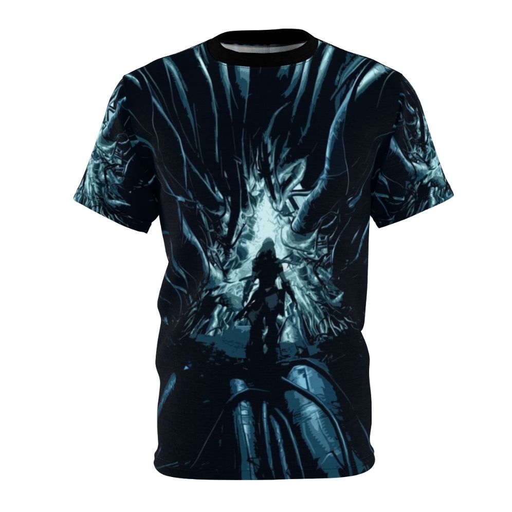 Stylized image of a futuristic mecha-inspired design with Horizon Zero Dawn inspired elements on a t-shirt.