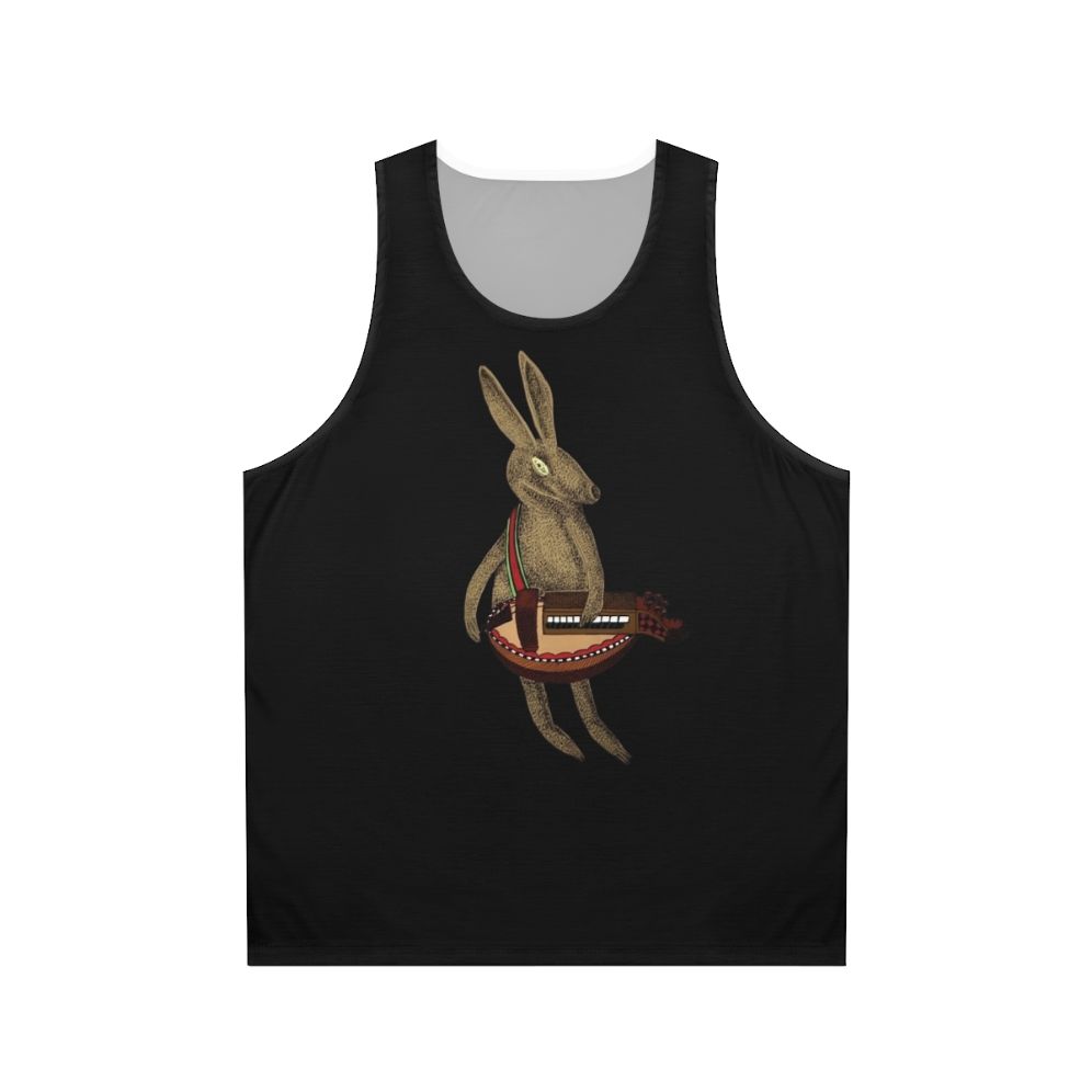 Hare playing hurdy gurdy music instrument on unisex tank top