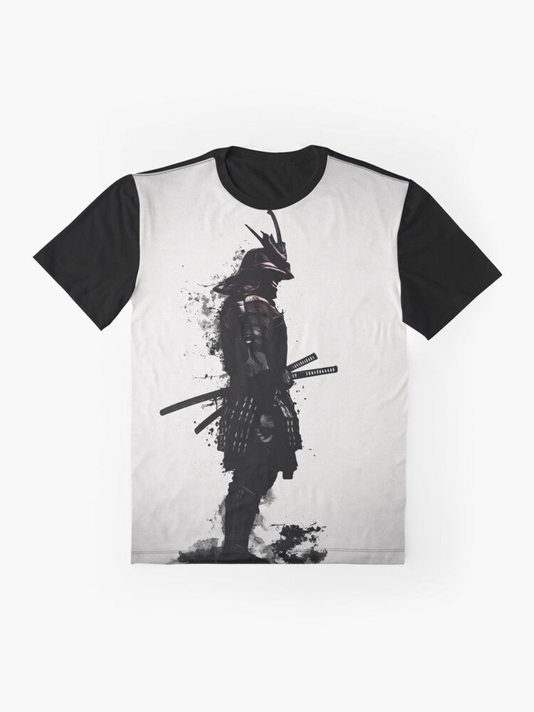 Armored samurai graphic tshirt featuring a warrior in traditional Japanese armor and a katana sword - Flat lay