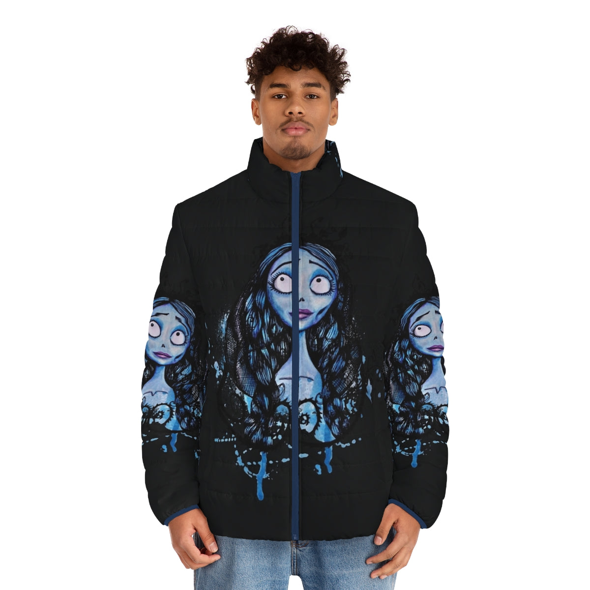 Watercolor Corpse Bride Puffer Jacket featuring the beloved character Emily from Tim Burton's classic animation - men front